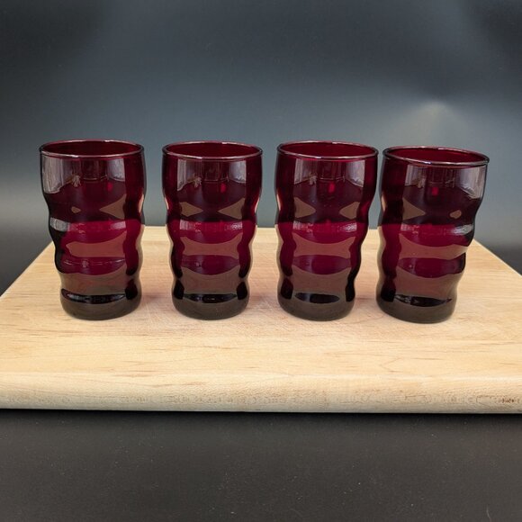 Set of 4 Midcentury Vintage Anchor Hocking Whirly Twirly Glasses - Ruby Red - Picture 2 of 7